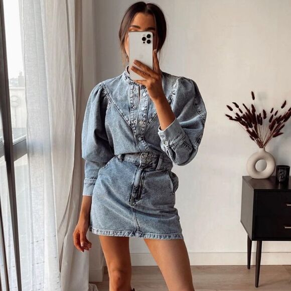 Mango Denim Dress Puff Sleeves - Picture 4 of 11